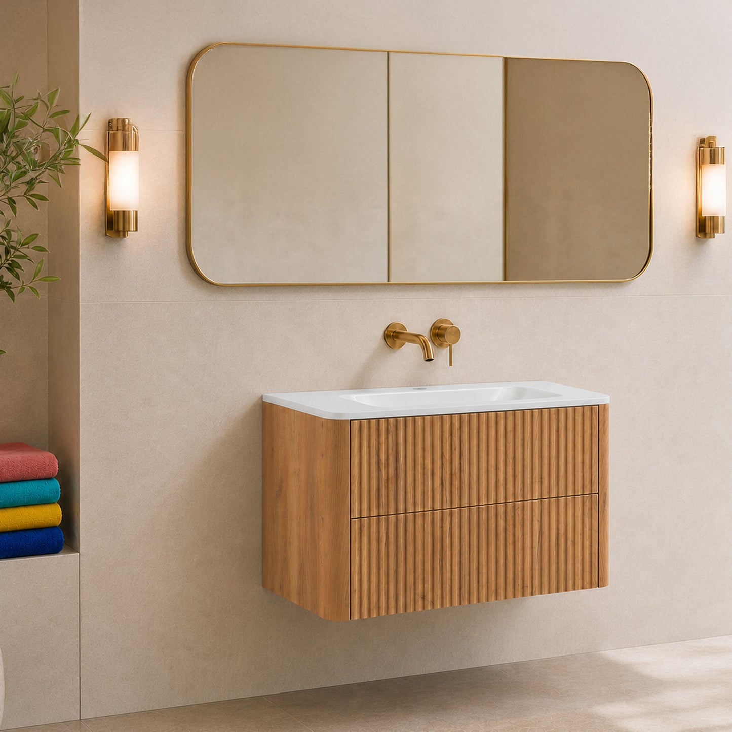 Linea 80 cm Wisząca Szafka Łazienkowa z Umywalką – Dąb Craft Złoty 