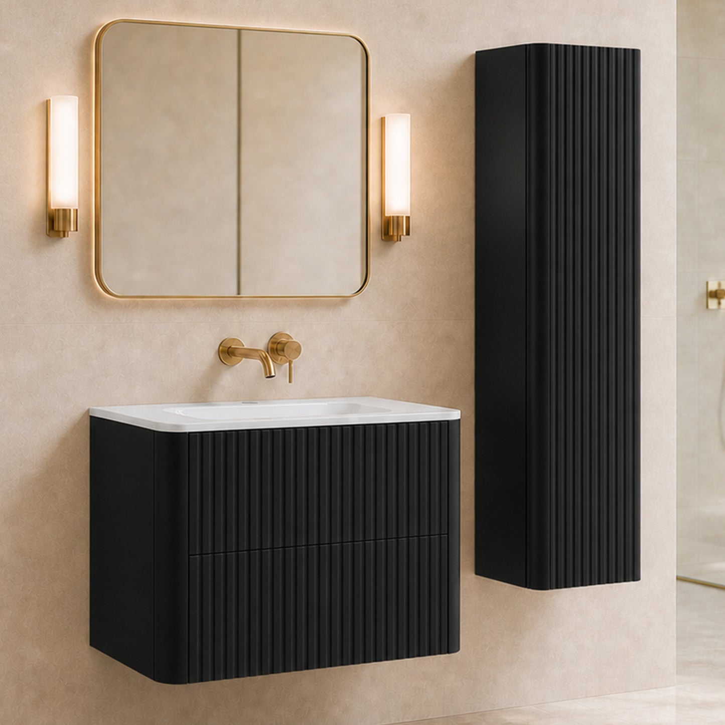 Linea Bathroom Furniture Set 80cm Vanity Unit with Basin & Tall Cabinet - Black