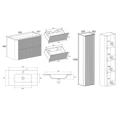 Linea Bathroom Furniture Set 80cm Vanity Unit with Basin & Tall Cabinet - Cashmere