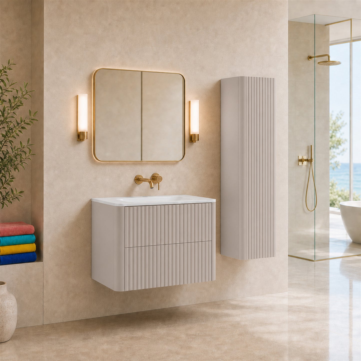 Linea Bathroom Furniture Set 80cm Vanity Unit with Basin & Tall Cabinet - Cashmere
