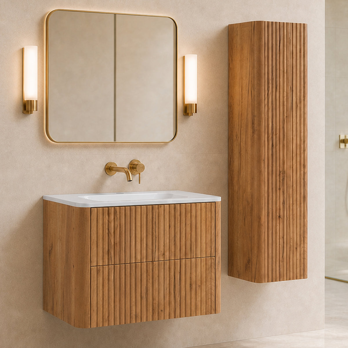 Linea Bathroom Furniture Set 80cm Vanity Unit with Basin & Tall Cabinet - Gold Craft Oak