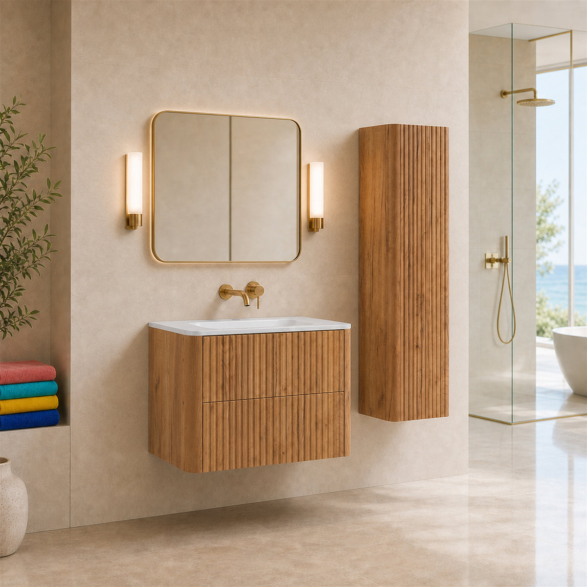 Linea Bathroom Furniture Set 80cm Vanity Unit with Basin & Tall Cabinet - Gold Craft Oak