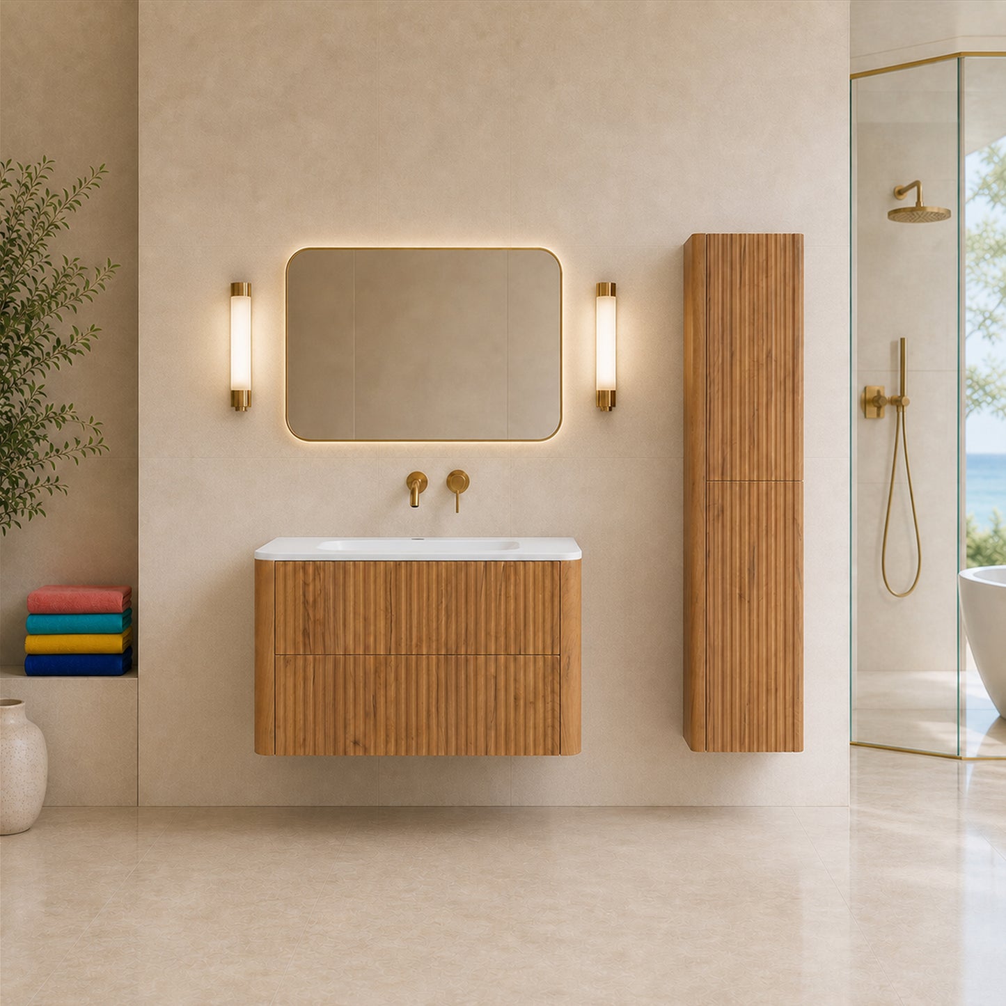 Linea Bathroom Furniture Set 80cm Vanity Unit with Basin & Tall Cabinet - Gold Craft Oak