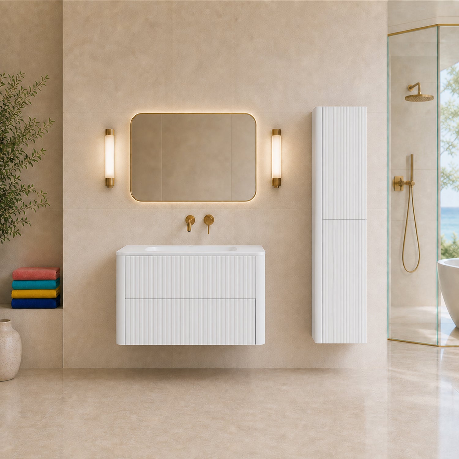 Linea Bathroom Furniture Set 80cm Vanity Unit with Basin & Tall Cabinet - White