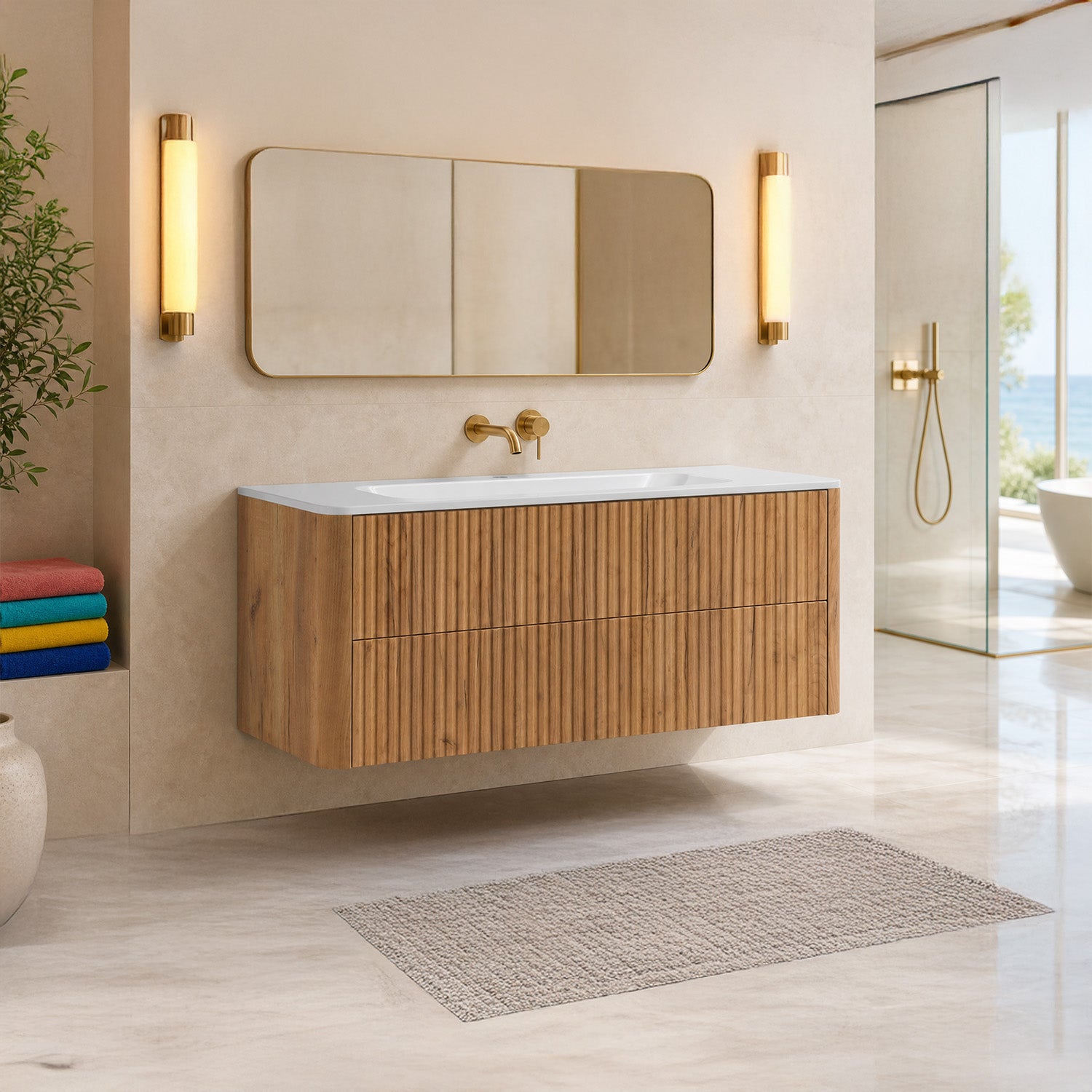 Linea 120cm Wall Bathroom Vanity Unit with Basin - Gold Craft Oak