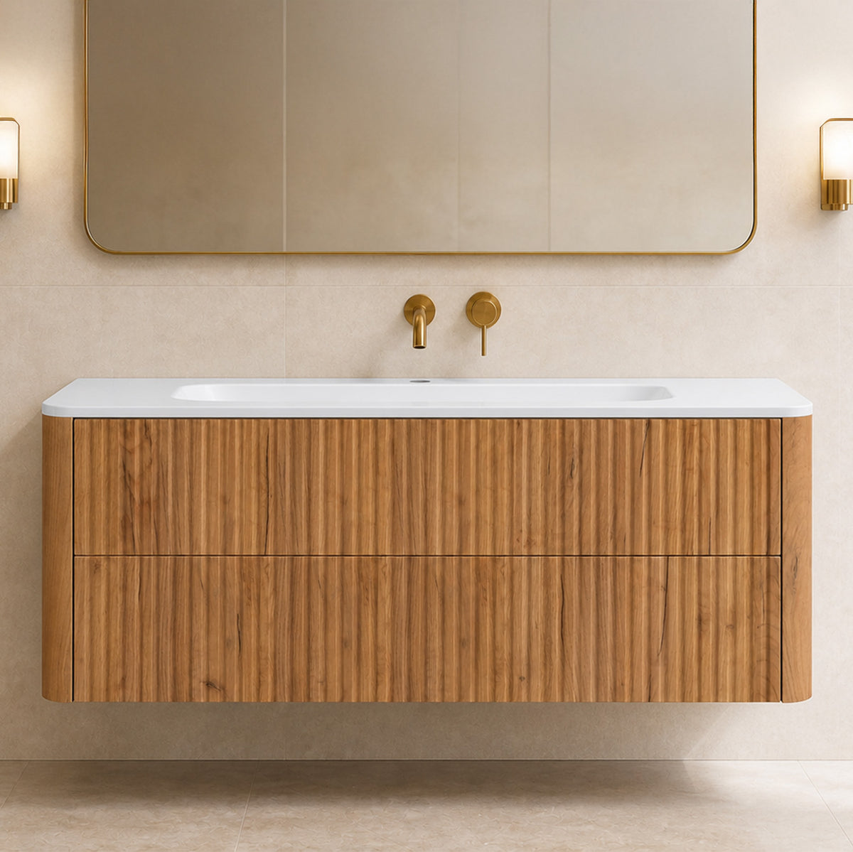 Linea 120cm Wall Bathroom Vanity Unit with Basin - Gold Craft Oak