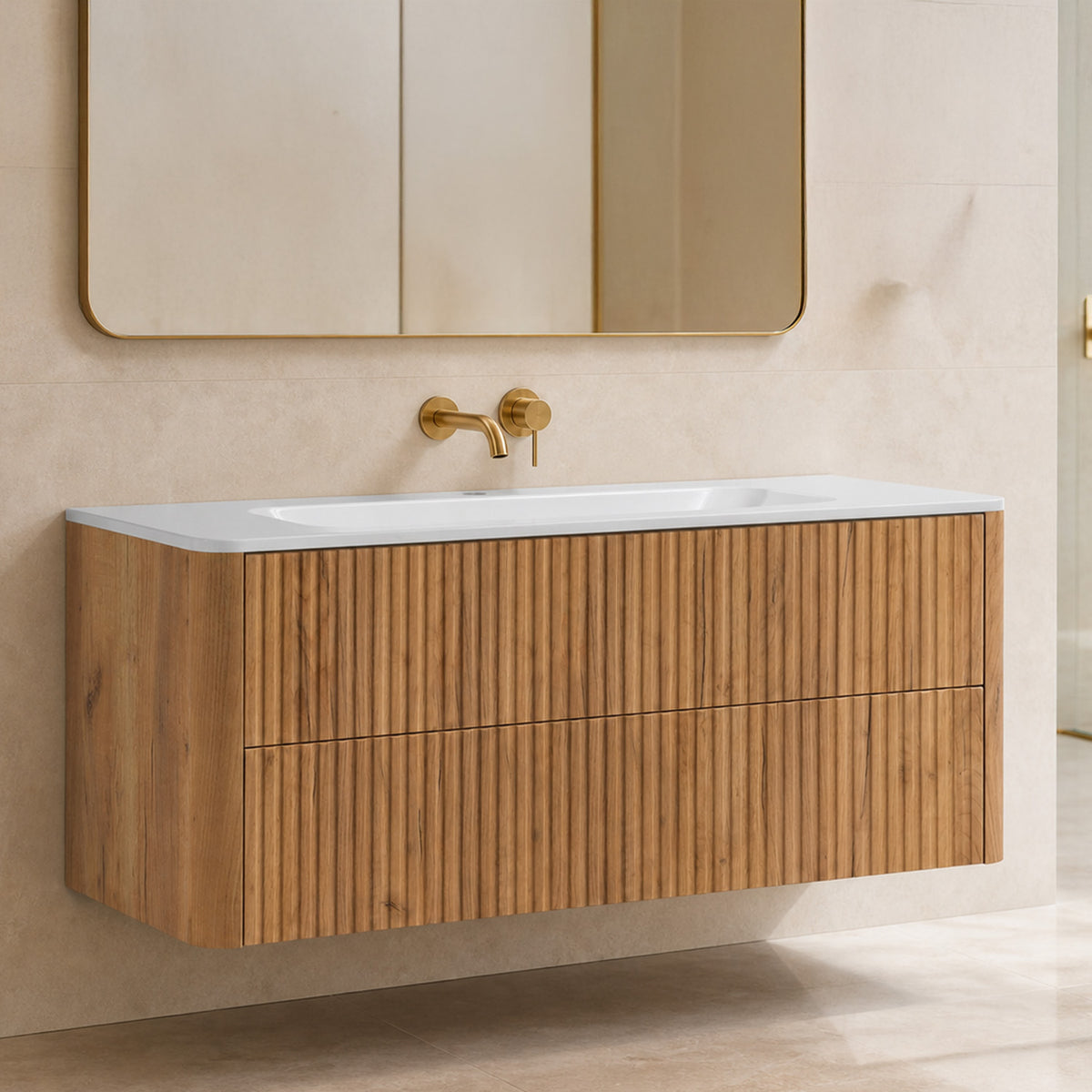 Linea 120cm Wall Bathroom Vanity Unit with Basin - Gold Craft Oak