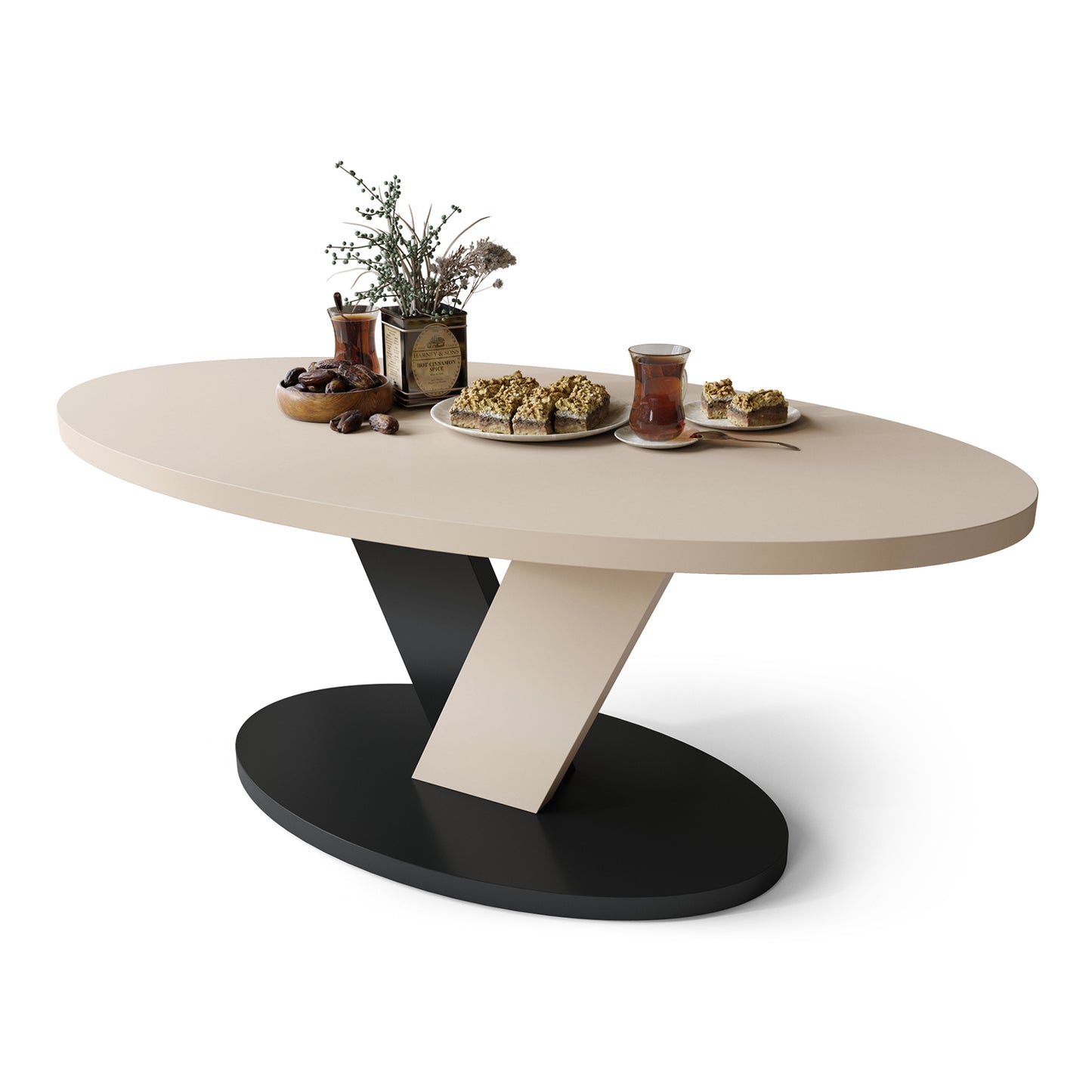 Lova Modern Coffee Table Oval Design - Beige / Black