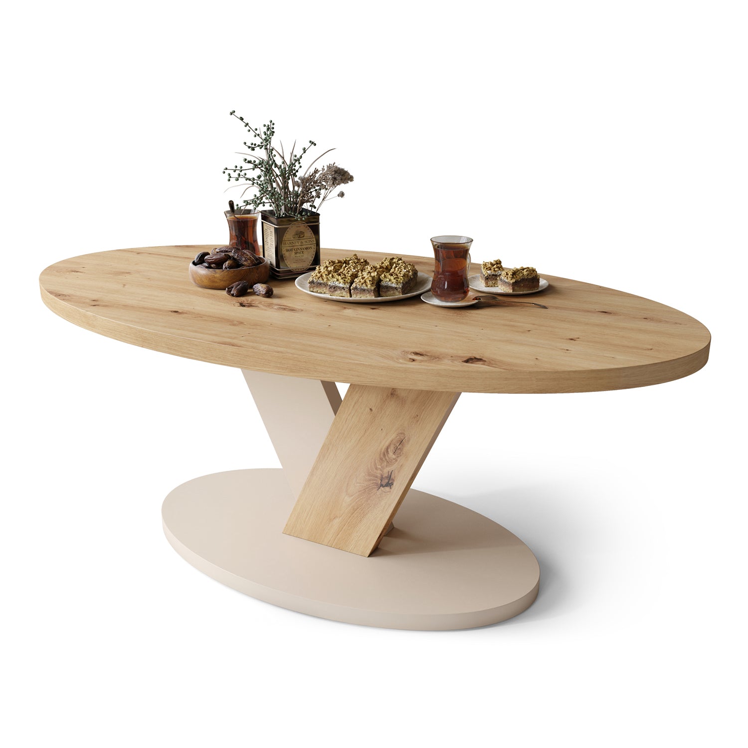 Lova Modern Coffee Table Oval Design - Artisan Oak / Beige