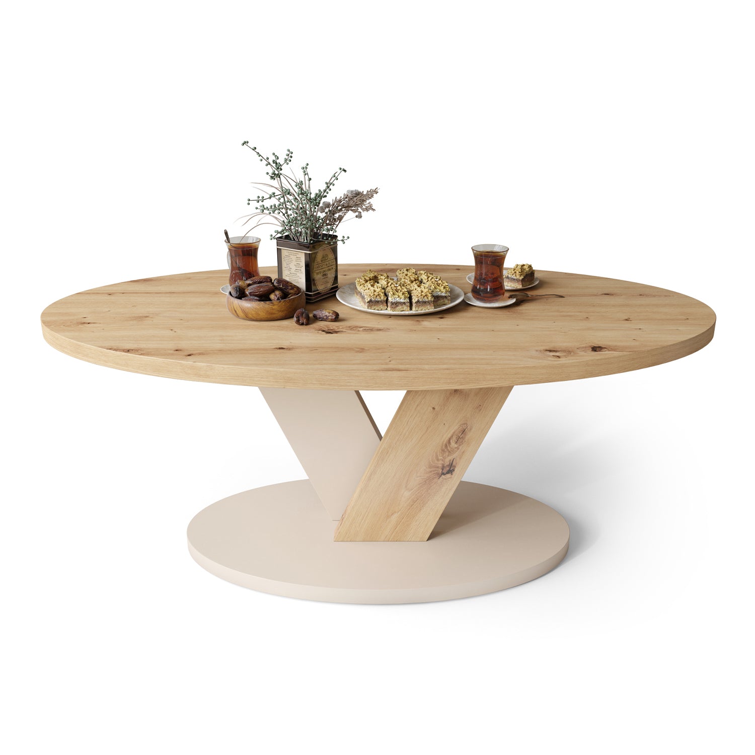 Lova Modern Coffee Table Oval Design - Artisan Oak / Beige