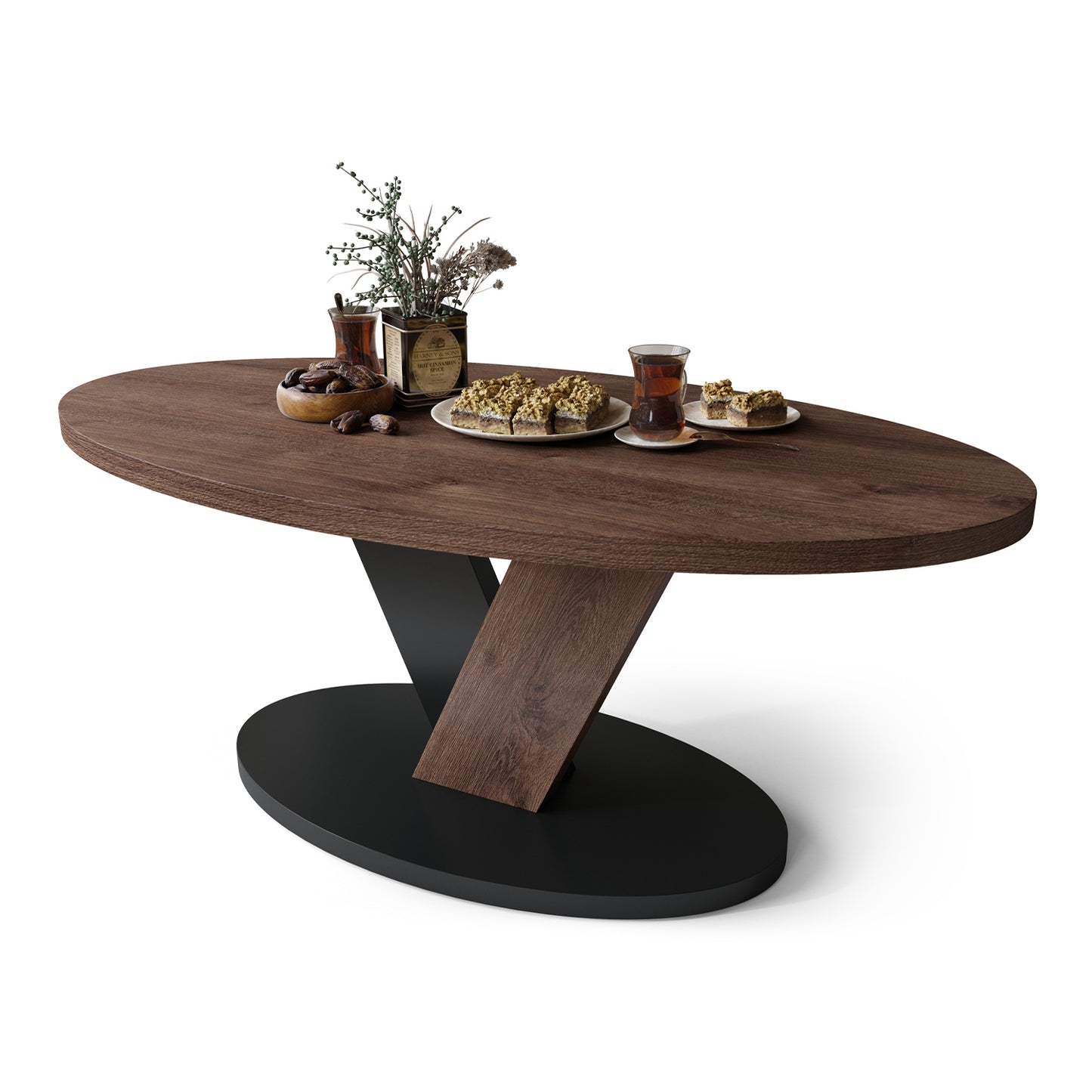 Lova Modern Coffee Table Oval Design - Brown Oak / Black
