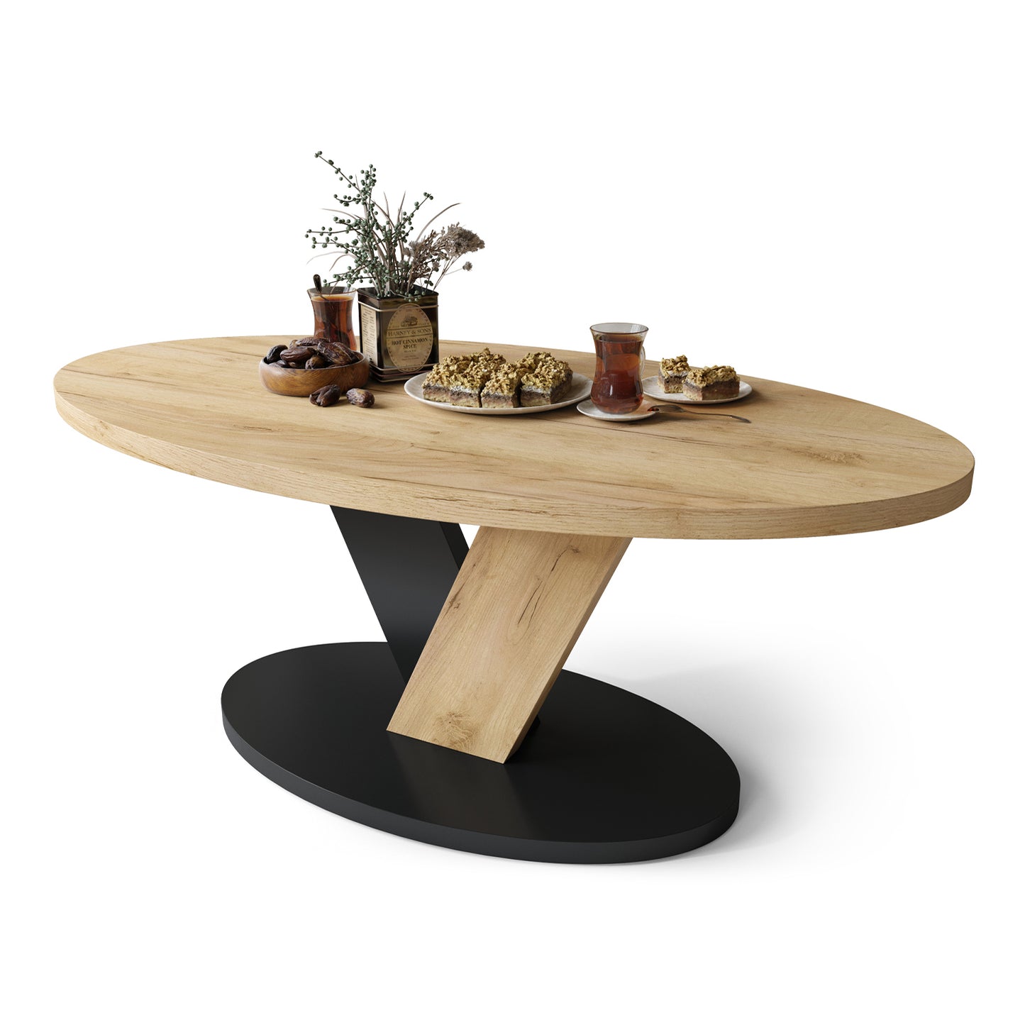 Lova Modern Coffee Table Oval Design - Gold Craft Oak / Black