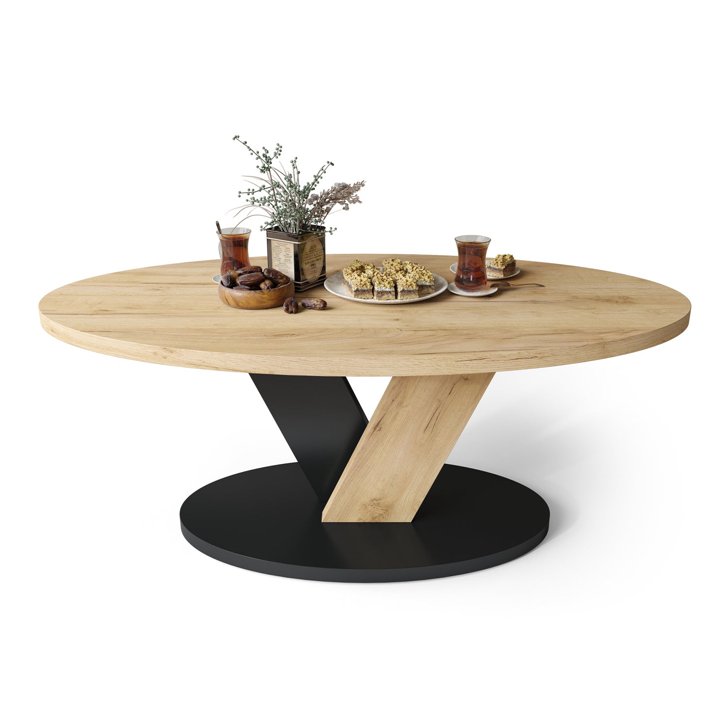 Lova Modern Coffee Table Oval Design - Gold Craft Oak / Black