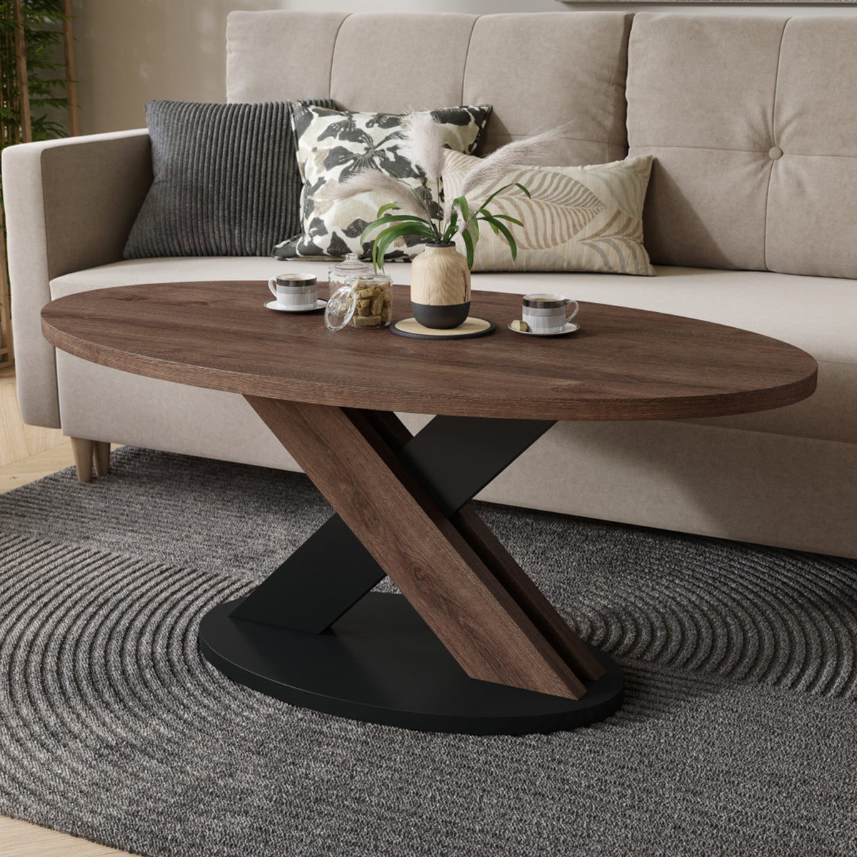 Loxa Modern Oval Coffee Table - Brown Oak / Black