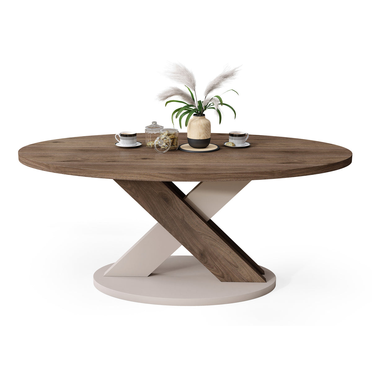 Loxa Modern Oval Coffee Table - Elegant Walnut / Beige