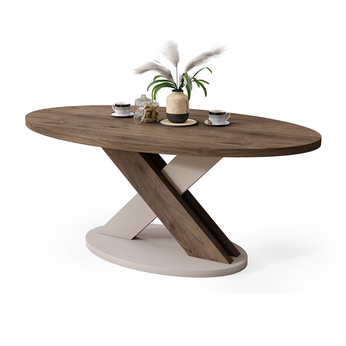 Loxa Modern Oval Coffee Table - Elegant Walnut / Beige