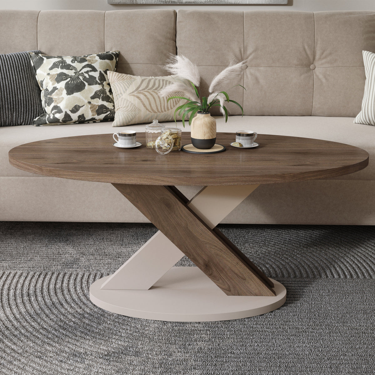 Loxa Modern Oval Coffee Table - Elegant Walnut / Beige