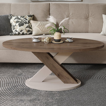 Loxa Modern Oval Coffee Table - Elegant Walnut / Beige