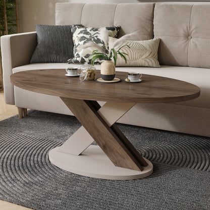 Loxa Modern Oval Coffee Table - Elegant Walnut / Beige
