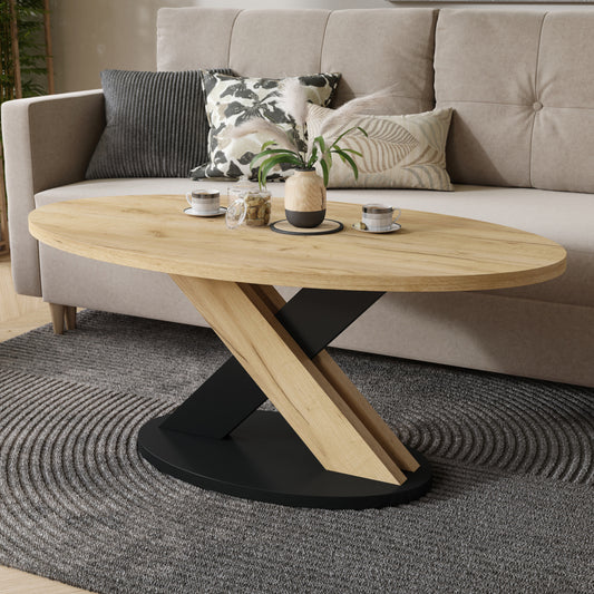 Loxa Modern Oval Coffee Table - Gold Craft Oak / Black