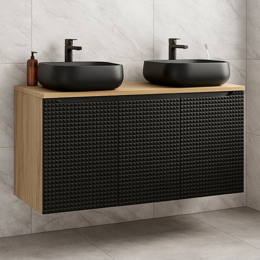 Luxor 3D Diamond Pattern 3 Door Bathroom Vanity Cabinet with 2 Square Worktop Basins 120cm - Oak / Black