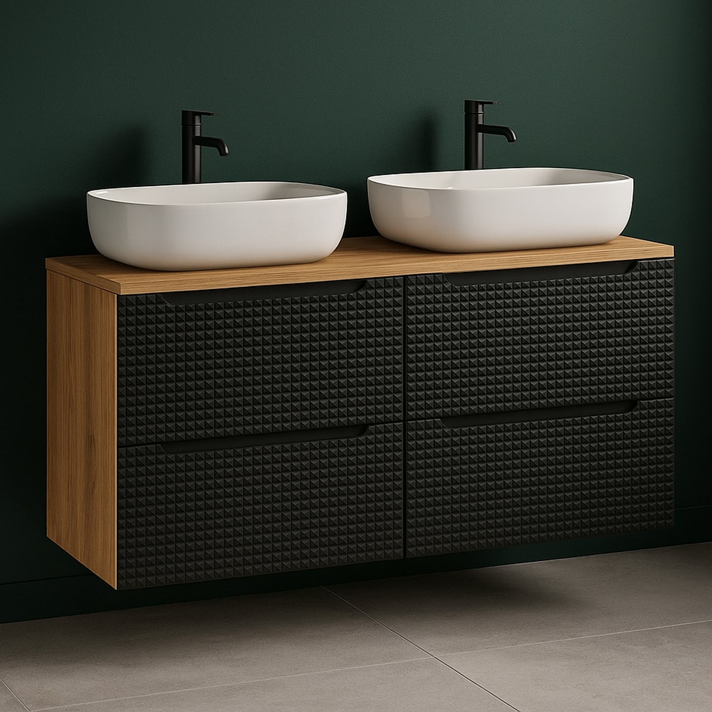 Luxor 3D Diamond Pattern 4 Drawer Bathroom Vanity Cabinet with Built-In Basin 120cm - Oak / Black