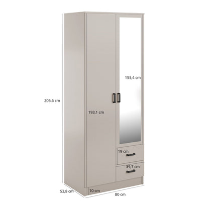 Tilly 2 Door Minimalist Style Mirrored Wardrobe with Drawers 80cm - Cashmere