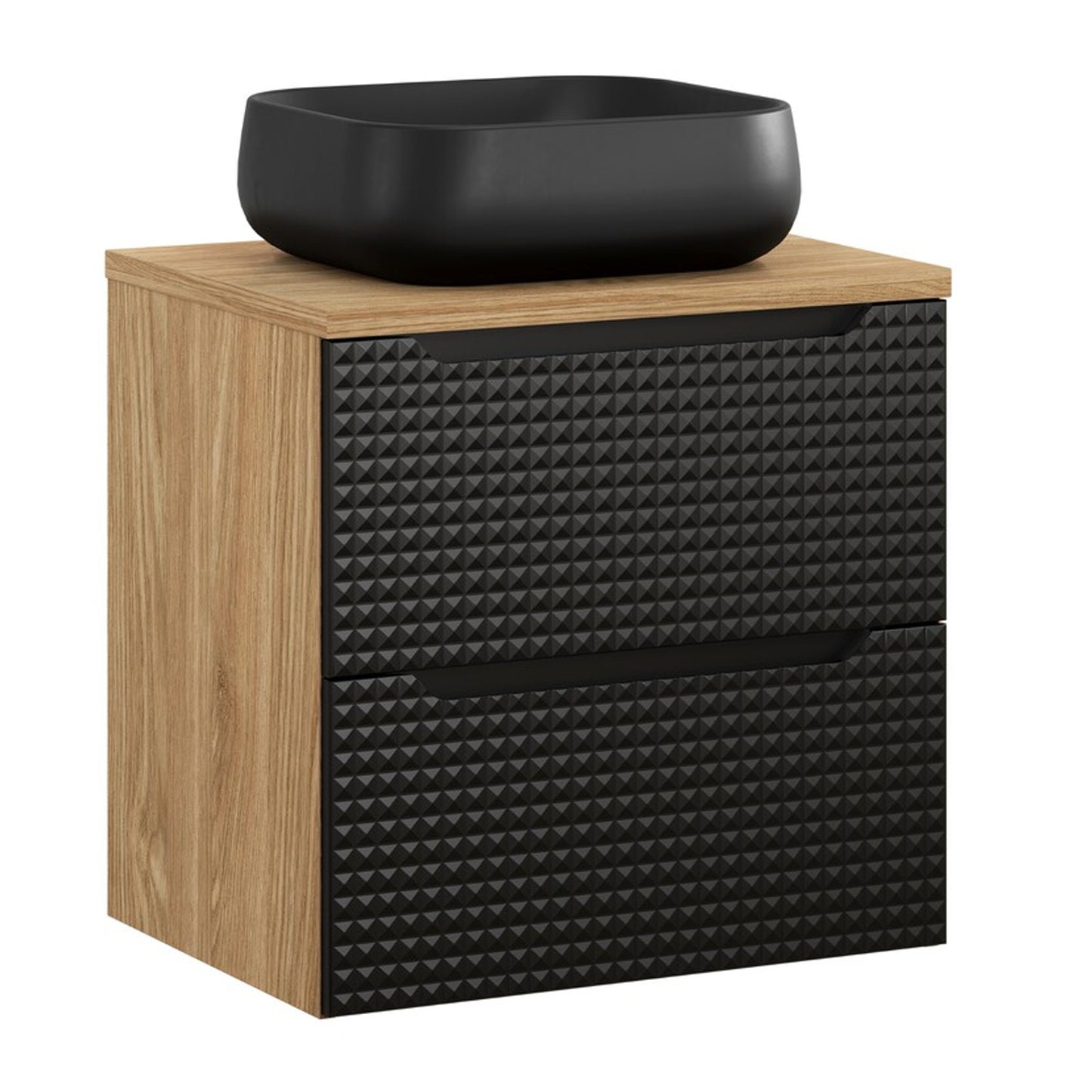 Luxor 3D Diamond Pattern 2 Drawer Bathroom Vanity Cabinet with Square Worktop Basin 60cm - Oak / Black