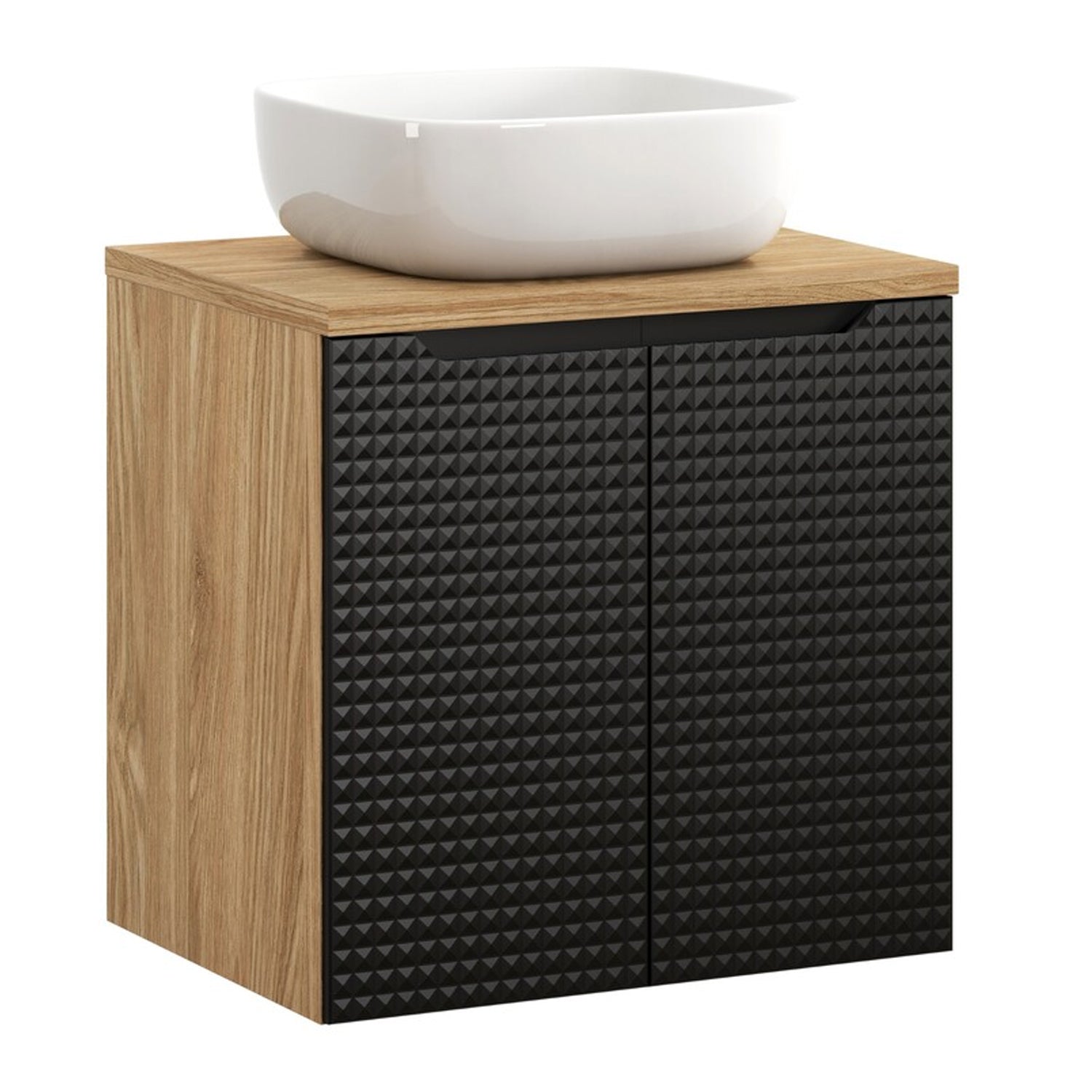 Luxor 3D Diamond Pattern 2 Door Bathroom Vanity Cabinet with Square Worktop Basin 60cm - Oak / Black