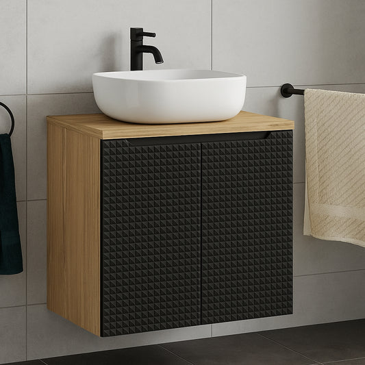 Luxor 3D Diamond Pattern 2 Door Bathroom Vanity Cabinet with Square Worktop Basin 60cm - Oak / Black