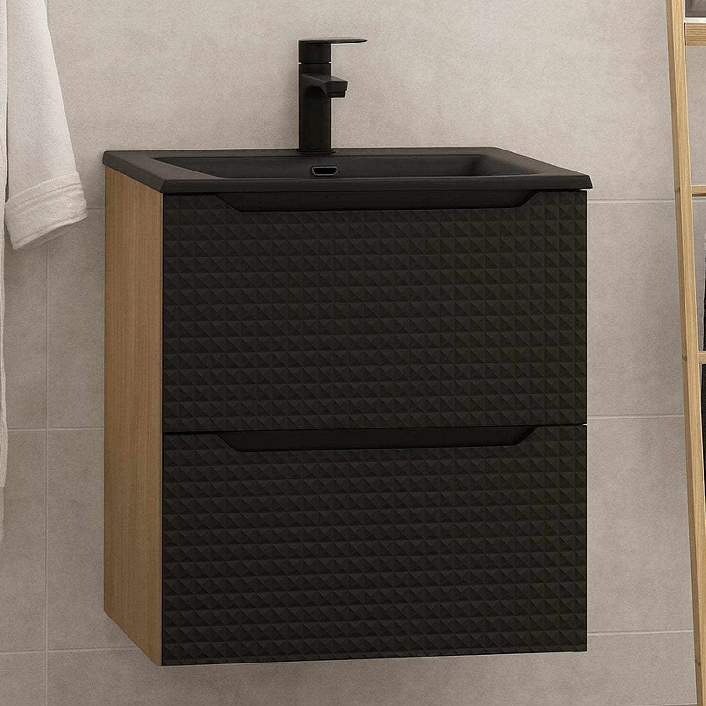 Luxor 3D Diamond Pattern 2 Drawer Bathroom Vanity Cabinet with Built-In 60cm - Oak / Black