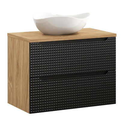 Luxor 3D Diamond Pattern 2 Drawer Bathroom Vanity Cabinet with Round Worktop Basin 80cm - Oak / Black