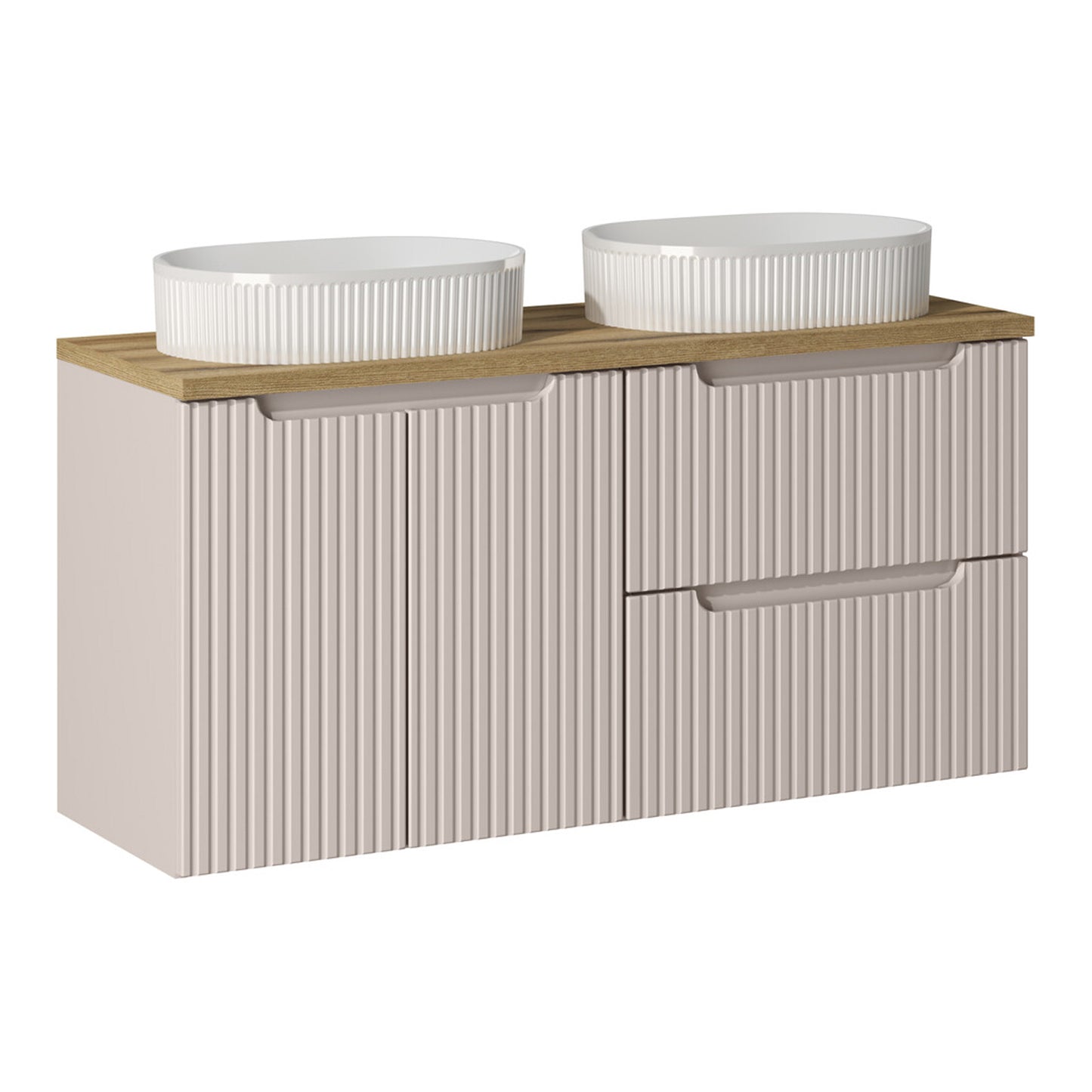 Noca Bathroom Cabinet with Drawers, Doors , Oak Worktop and Basins - Cashmere