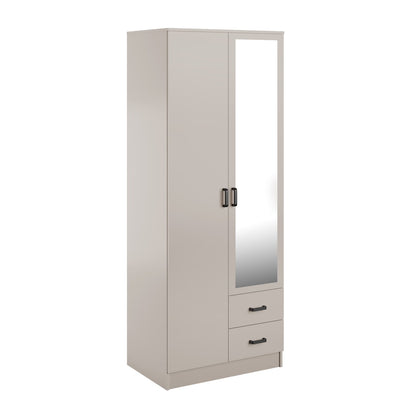 Tilly 2 Door Minimalist Style Mirrored Wardrobe with Drawers 80cm - Cashmere