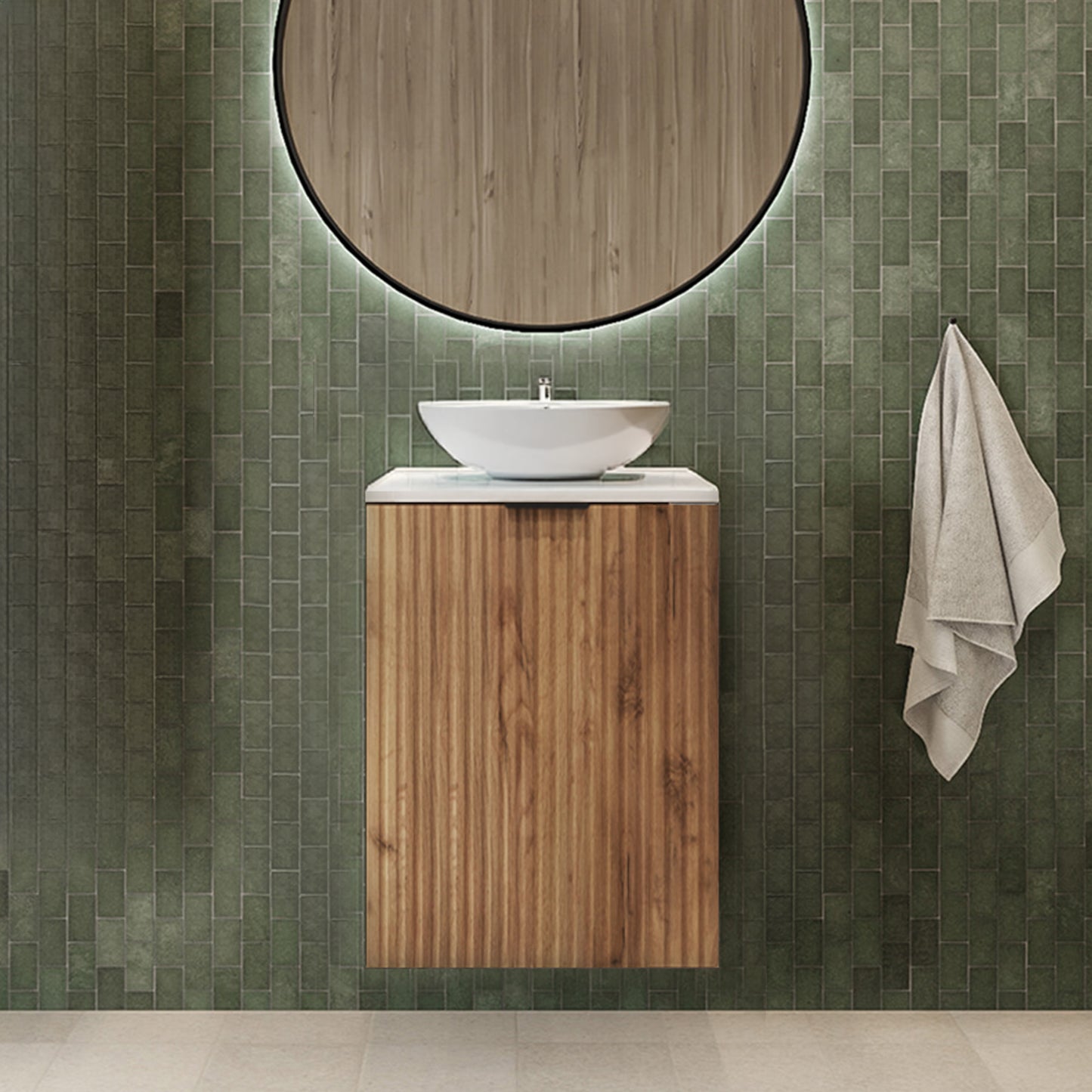 Flow 1 Door Fluted Bathroom Vanity Cabinet with Worktop 40cm - Gold Craft Oak