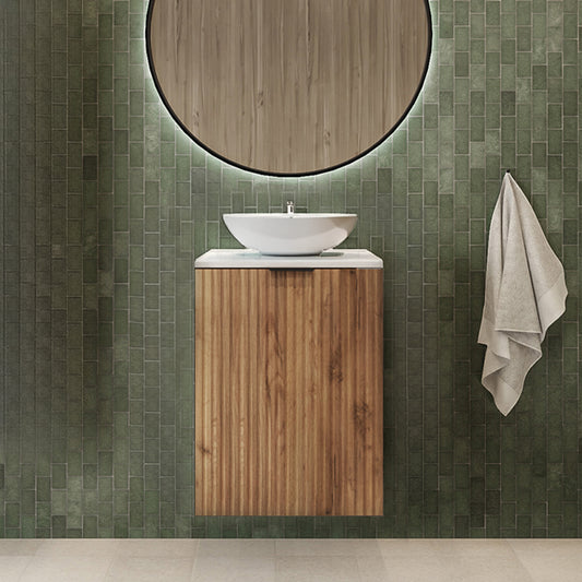 Flow 1 Door Fluted Bathroom Vanity Cabinet with Worktop 40cm - Gold Craft Oak