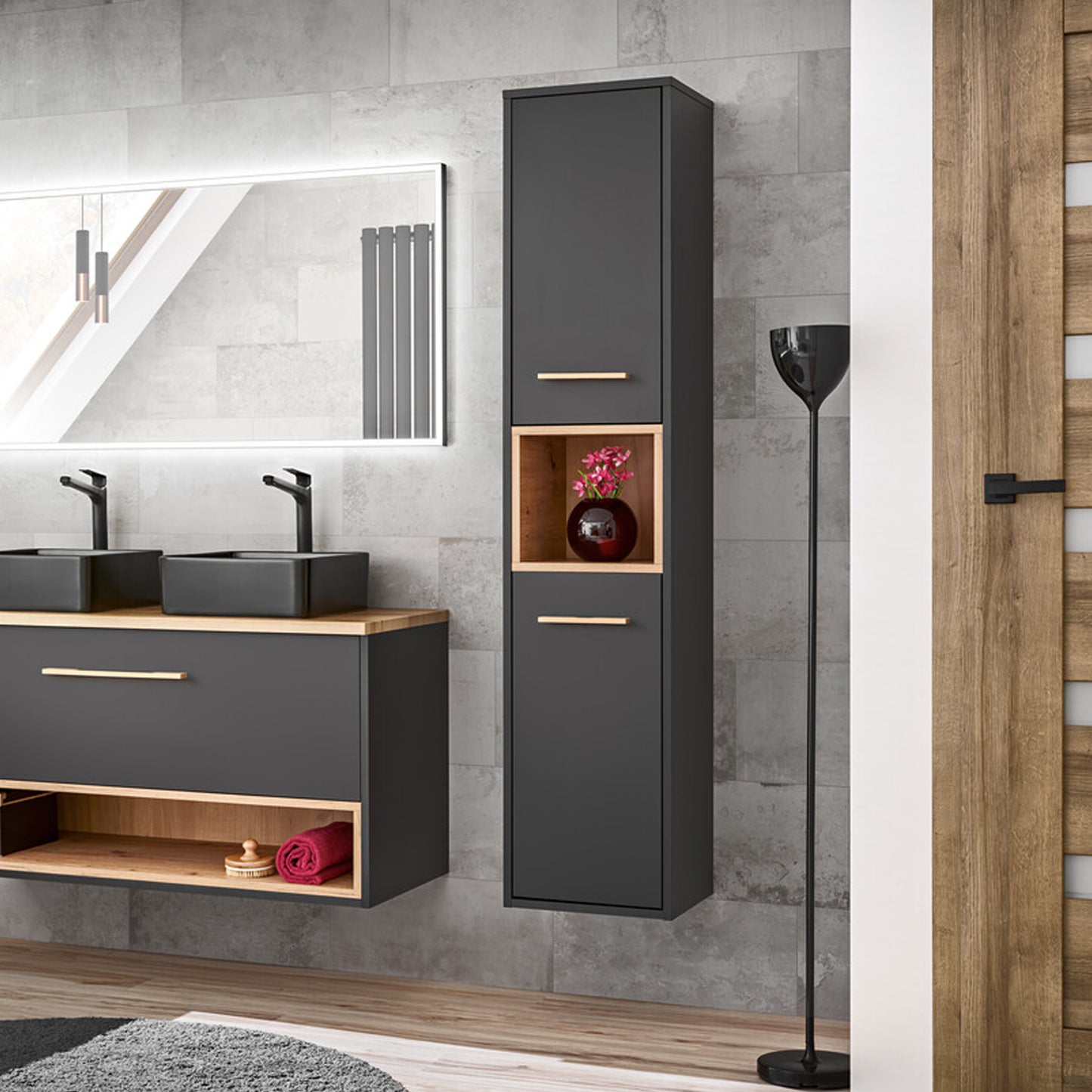 Borneo Cosmos Tall Bathroom Cabinet 2 Doors - Anthracite / Artisan Oak