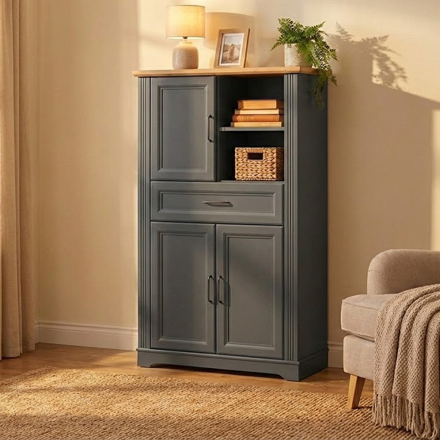 Toya Tall Storage Cabinet with Cupboards, Drawer, Shelves - Graphite / Artisan Oak