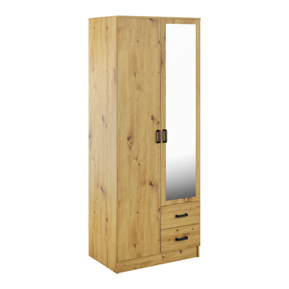 Tilly 2 Door Minimalist Style Mirrored Wardrobe with Drawers 80cm - Artisan Oak