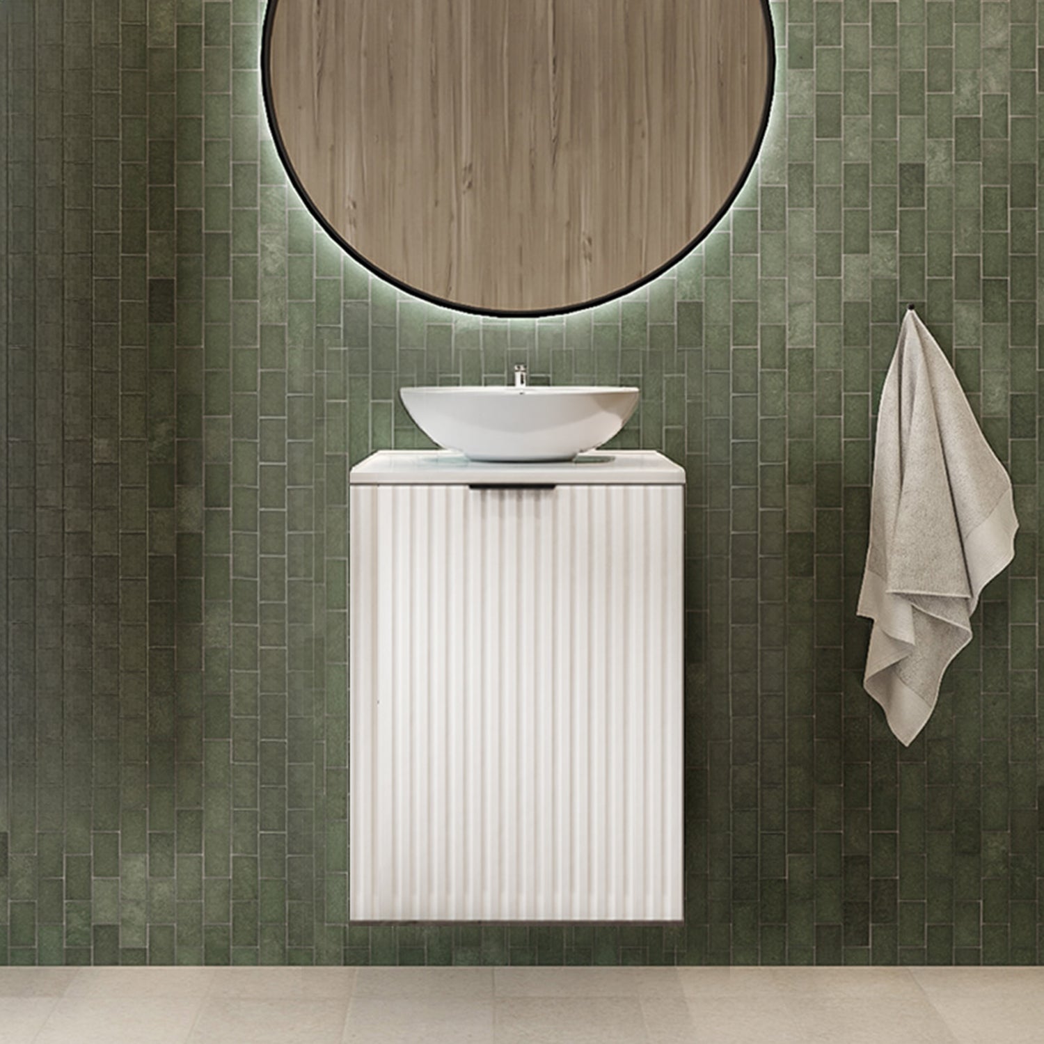 Flow 1 Door Fluted Bathroom Vanity Cabinet with Worktop 40cm - White