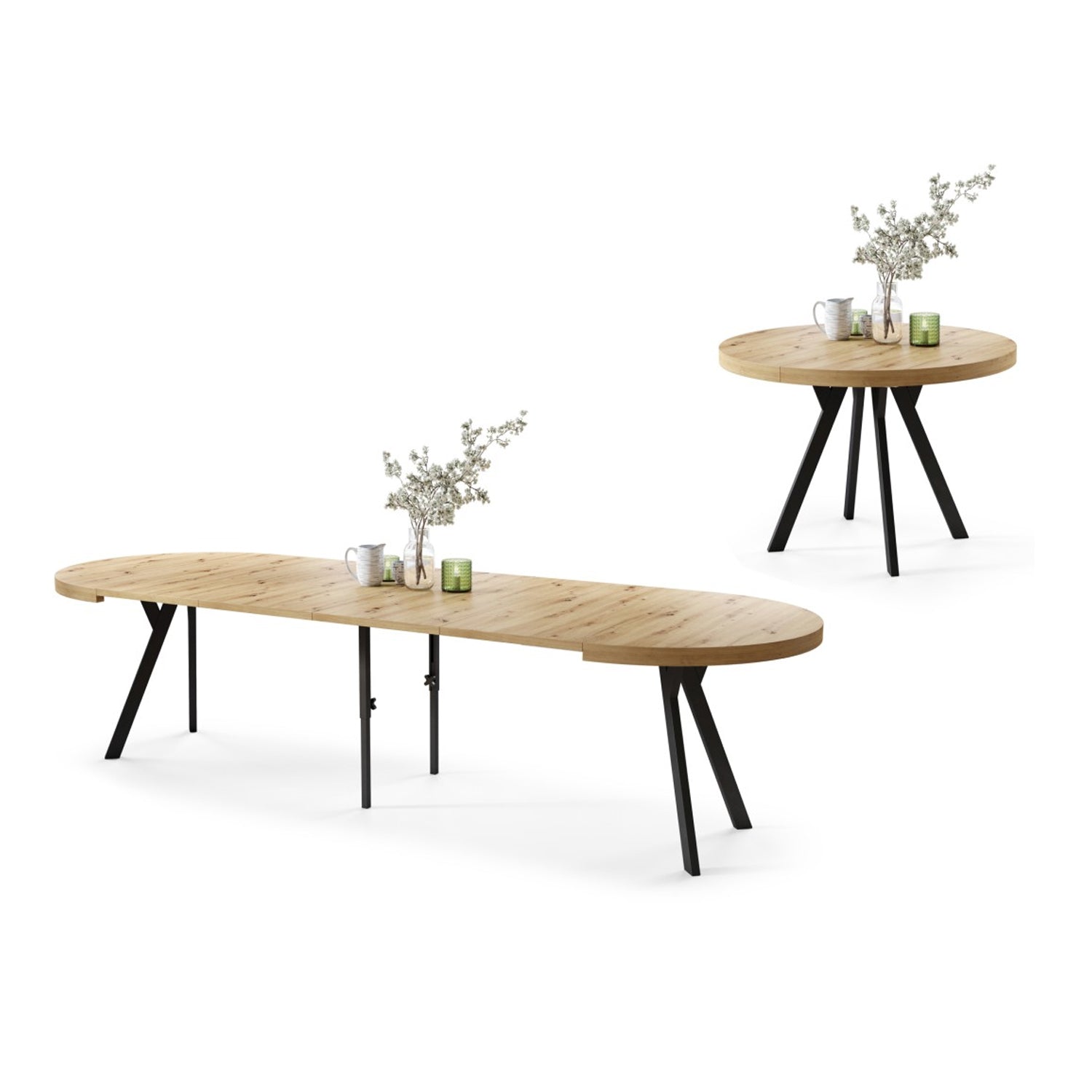 Expanso Round Extendable Dining Table with Y-Legs Loft - Artisan Oak / Black