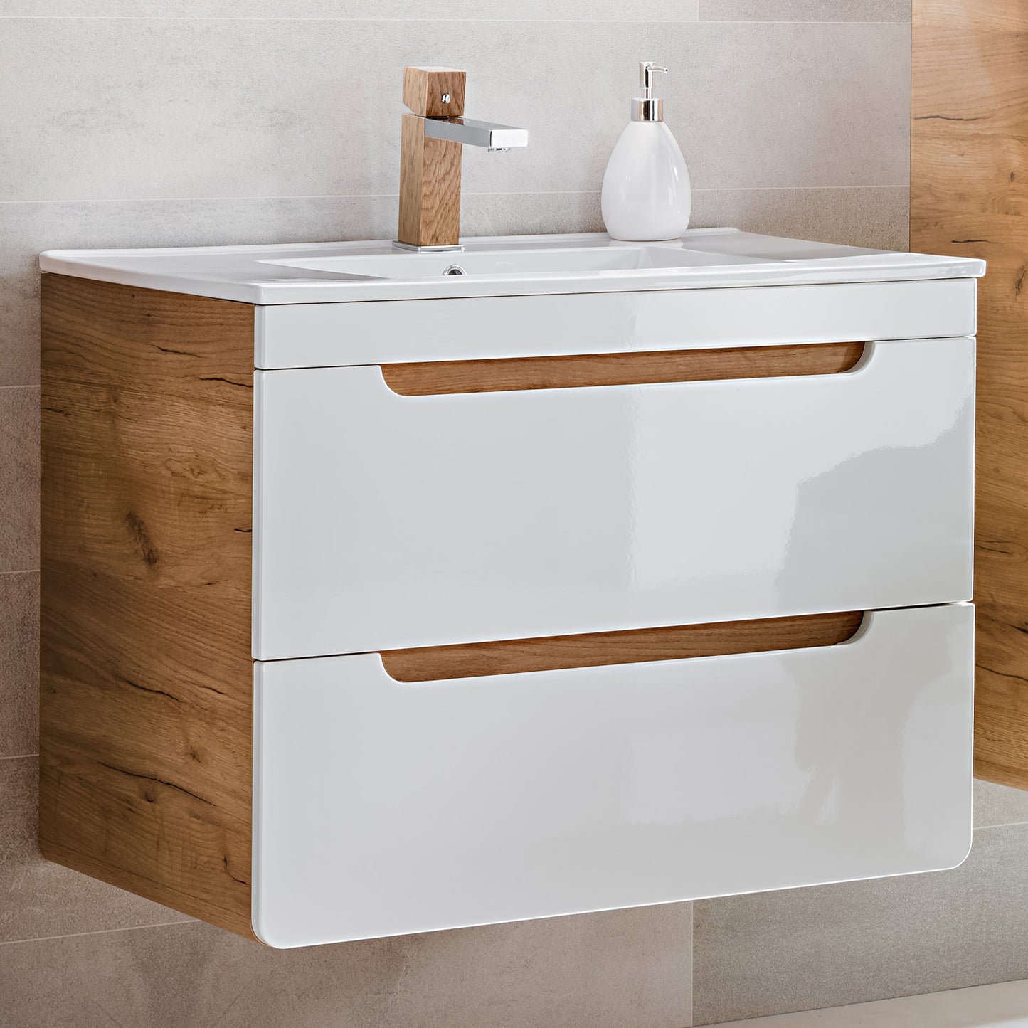 Aruba Modern Wall-Mounted 80 cm Bathroom Vanity Unit with Basin - White / Oak Craft
