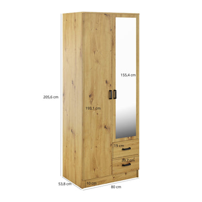 Tilly 2 Door Minimalist Style Mirrored Wardrobe with Drawers 80cm - Artisan Oak