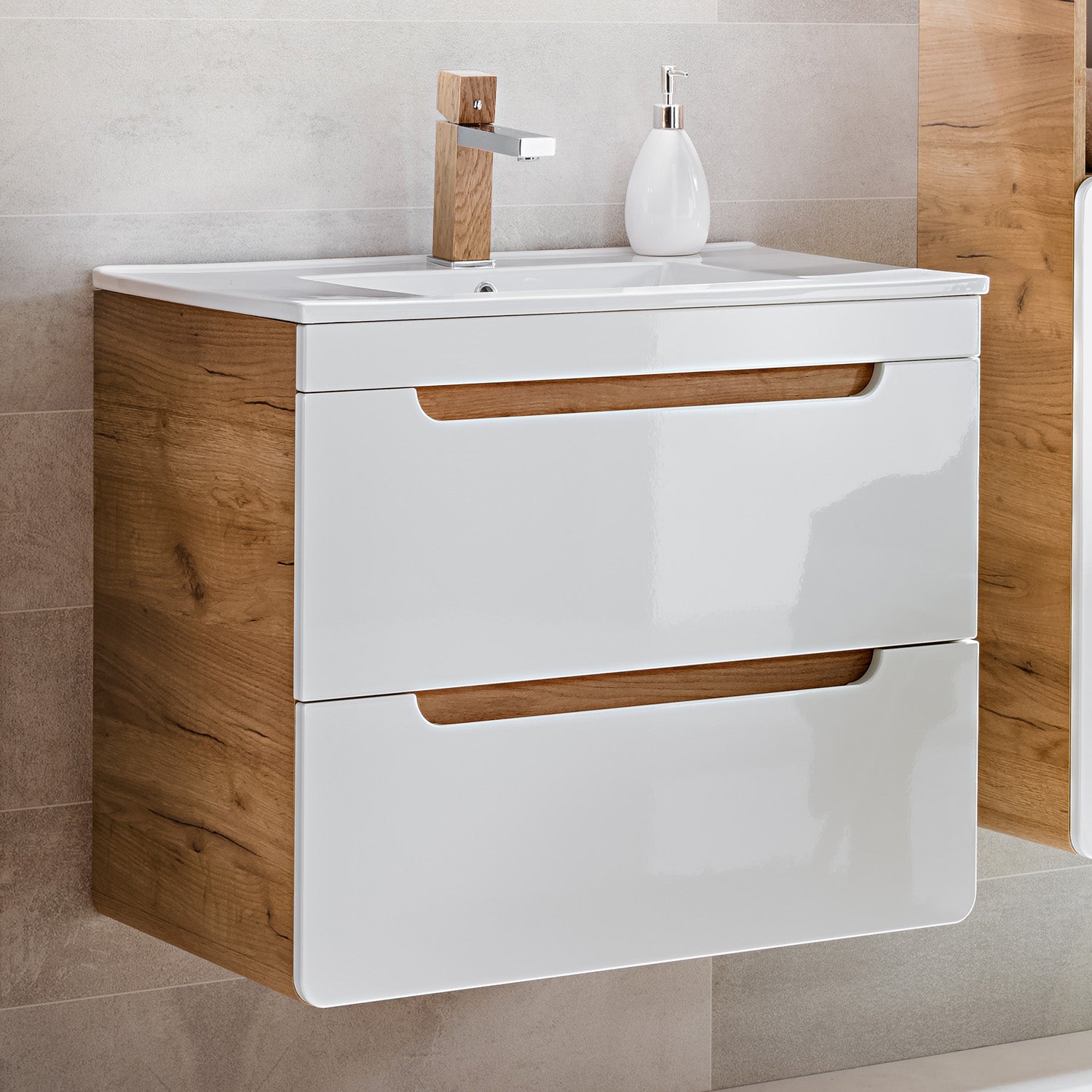 Aruba Modern Wall-Mounted 60cm Bathroom Vanity Unit with Basin - White / Oak Craft