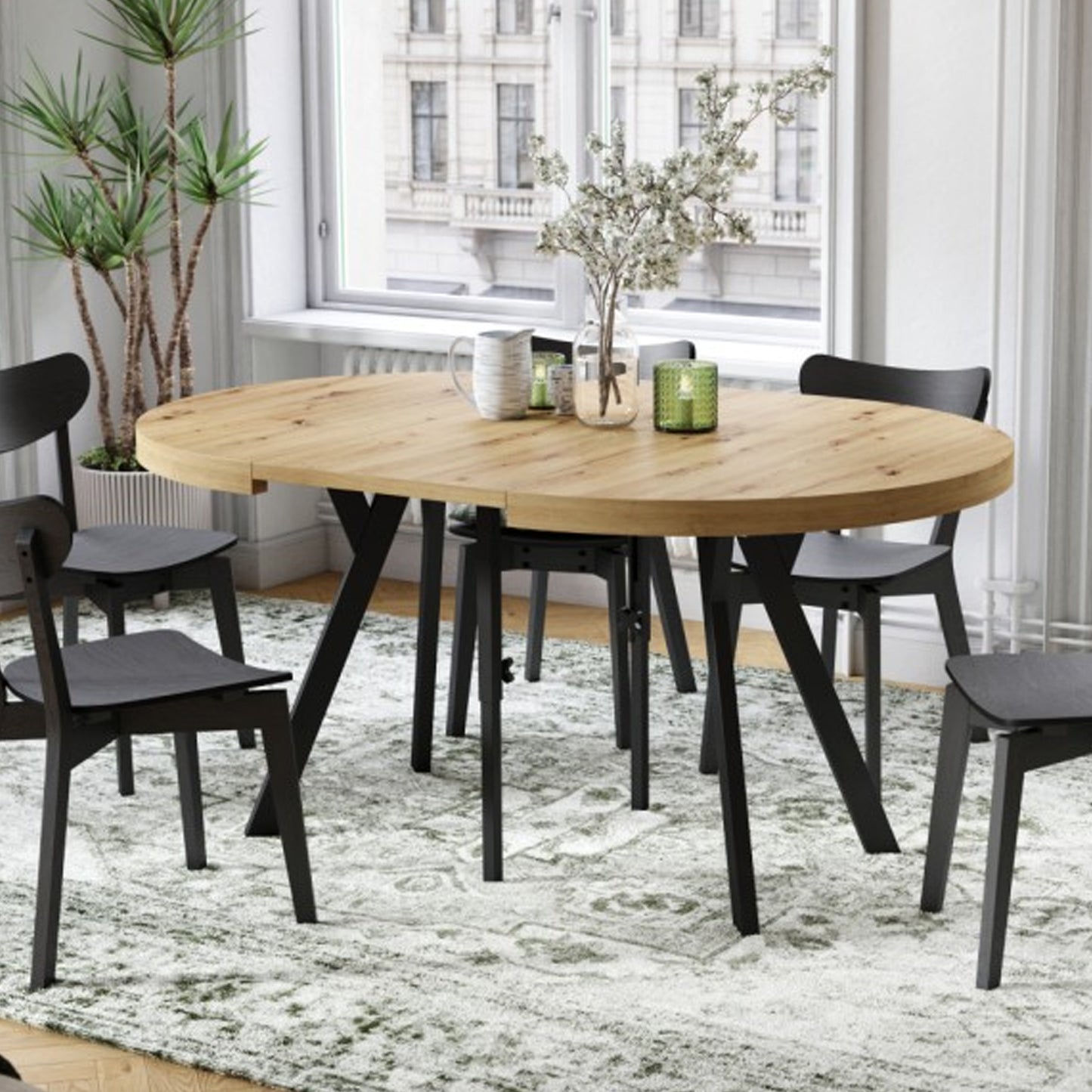 Expanso Round Extendable Dining Table with Y-Legs Loft - Artisan Oak / Black