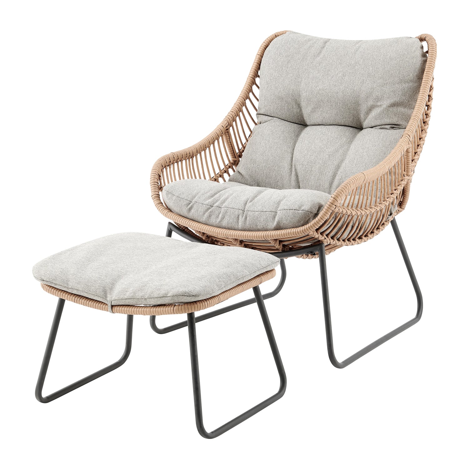 Oregon Rattan Lounge Chair with Footstool and Cushion - Grey / Brown