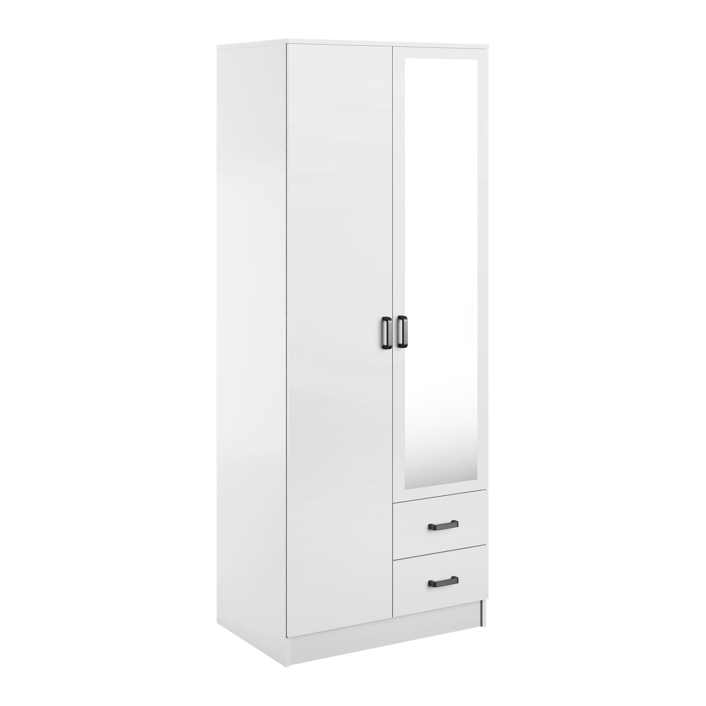 Tilly 2 Door Minimalist Style Mirrored Wardrobe with Drawers 80cm - White