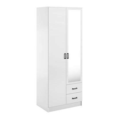 Tilly 2 Door Minimalist Style Mirrored Wardrobe with Drawers 80cm - White
