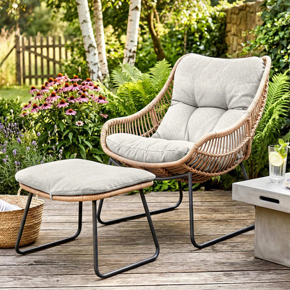 Oregon Rattan Lounge Chair with Footstool and Cushion - Grey / Brown