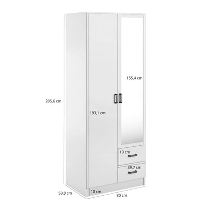 Tilly 2 Door Minimalist Style Mirrored Wardrobe with Drawers 80cm - White
